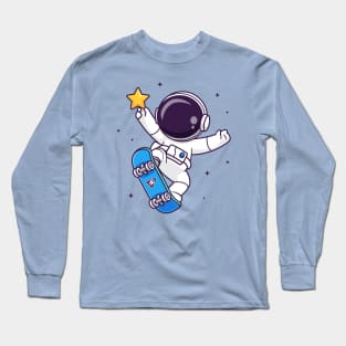 Cute Astronaut Playing Skateboard With Star Cartoon Long Sleeve T-Shirt